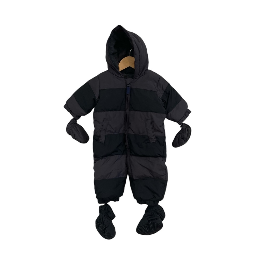 Baby Gap Down Snowsuit Size 0-6 Months Gray Striped Mitts Booties Coat